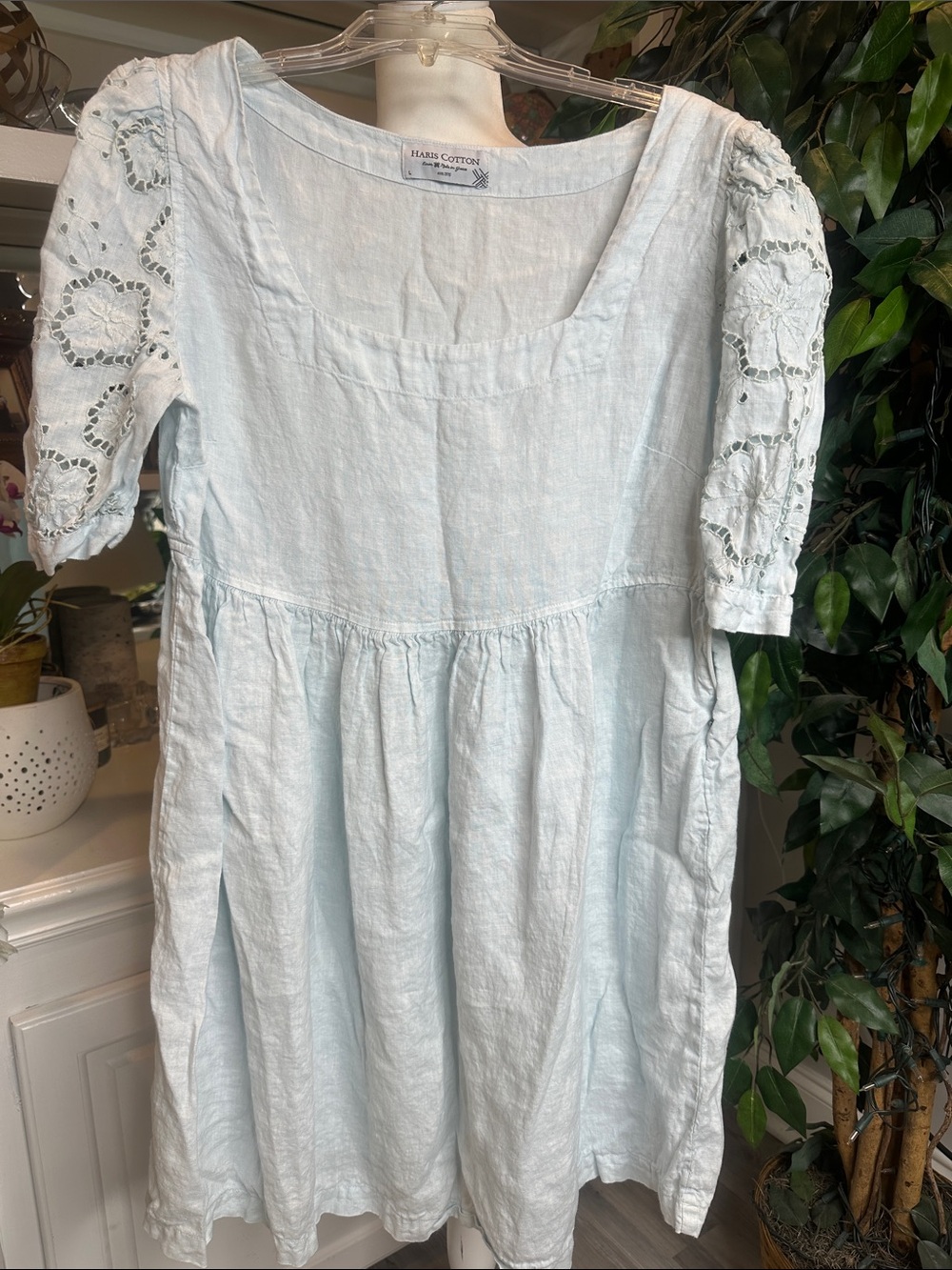 EUC Harris Cotton Pale Blue 100% Linen Mini Dress with Embroidered Sleeves, L
